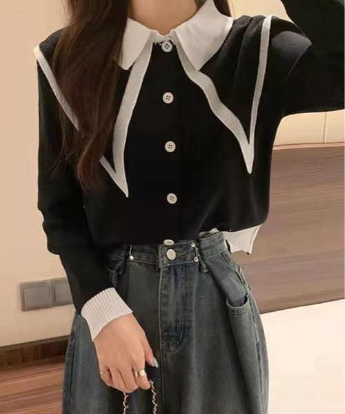 kirakiraShop(キラキラショップ)の「ビッグ カラー 配色 ニット ブラウス(ニット/セーター・レディース・ブラック/ホワイト/ベージュ・FREE)」の10枚目の写真