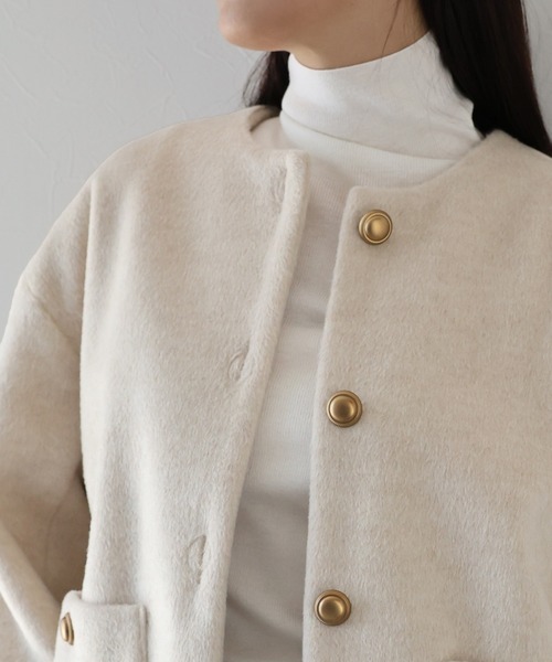 新色追加》金ボタンウールシャギーコート（ノーカラーコート）｜J by