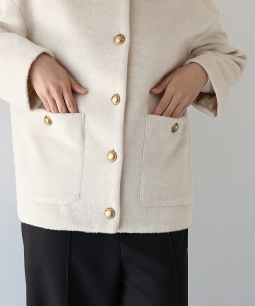 セール】《新色追加》金ボタンウールシャギーコート（ノーカラーコート