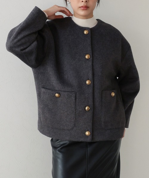 セール】《新色追加》金ボタンウールシャギーコート（ノーカラーコート