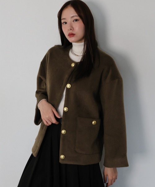 新色追加》金ボタンウールシャギーコート（ノーカラーコート）｜J by