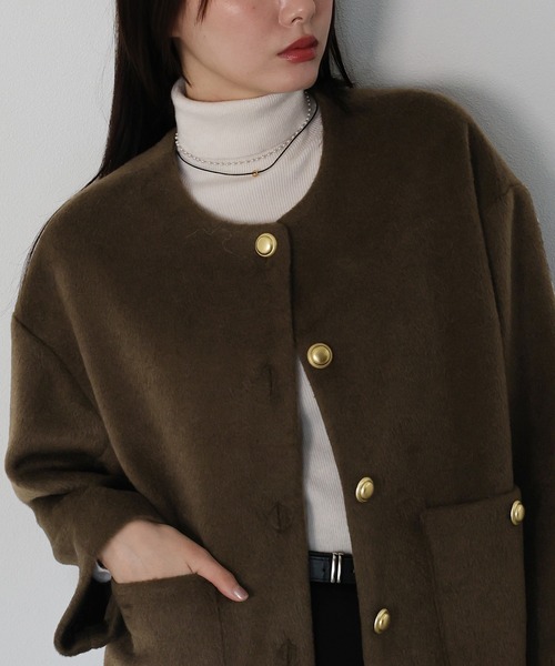 新色追加》金ボタンウールシャギーコート（ノーカラーコート）｜J by