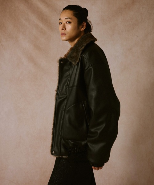 Camphor wood フェイクレザーファーリバーシブルフライトジャケット L leather/fur faux reversible flight jacket / フェイクレザー