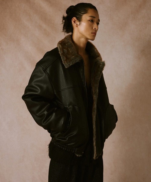 【Camphor wood】フェイクレザーファーリバーシブルフライトジャケット leather/fur faux reversible flight jacket / フェイクレザー