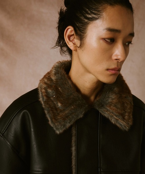 camphor wood フェイクレザーファーリバーシブルフライトジャケット leather/fur faux reversible flight jacket / フェイクレザー