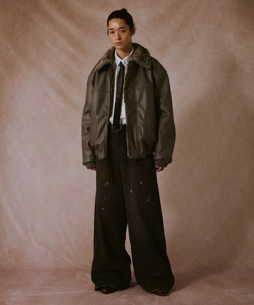 leather/fur faux reversible flight jacket / フェイクレザー