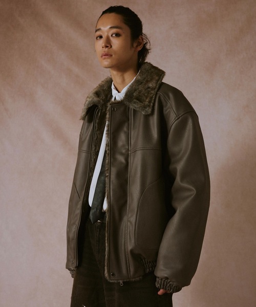 Camphor wood フェイクレザーファーリバーシブルフライトジャケット L leather/fur faux reversible flight jacket / フェイクレザー