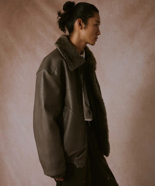 camphor レザーファージャケットM leather/fur faux reversible flight jacket / フェイクレザー