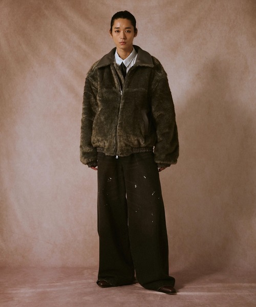 Camphor wood フェイクレザーファーリバーシブルフライトジャケット L leather/fur faux reversible flight jacket / フェイクレザー