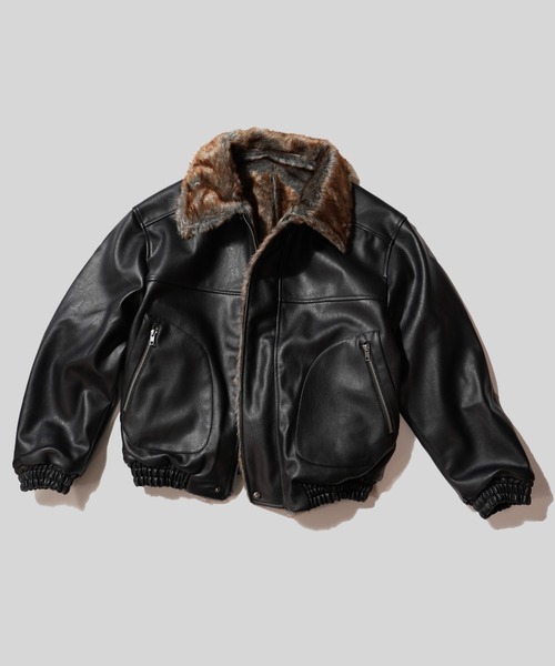 Camphor wood フェイクレザーファーリバーシブルフライトジャケット L leather/fur faux reversible flight jacket / フェイクレザー