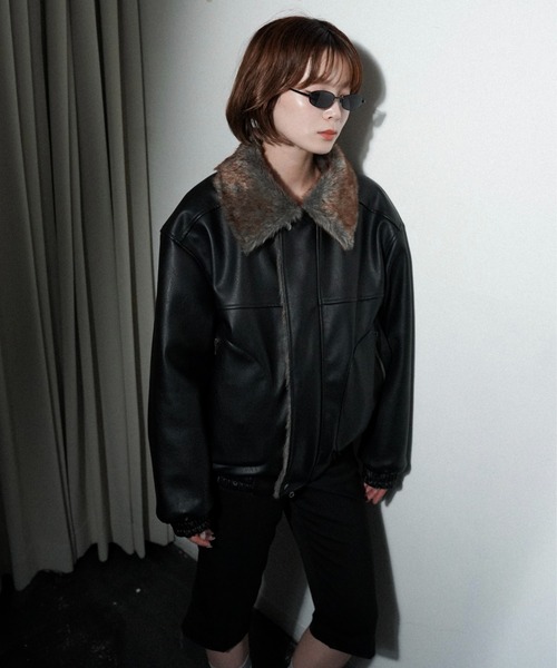 leather/fur faux reversible flight jacket / フェイクレザー