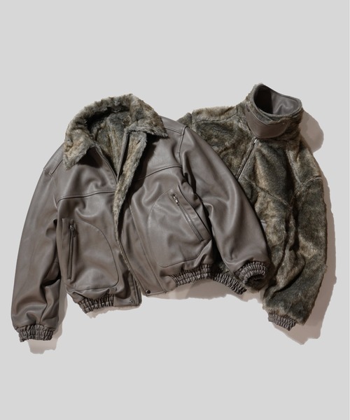 Camphor wood フェイクレザーファーリバーシブルフライトジャケット L leather/fur faux reversible flight jacket / フェイクレザー