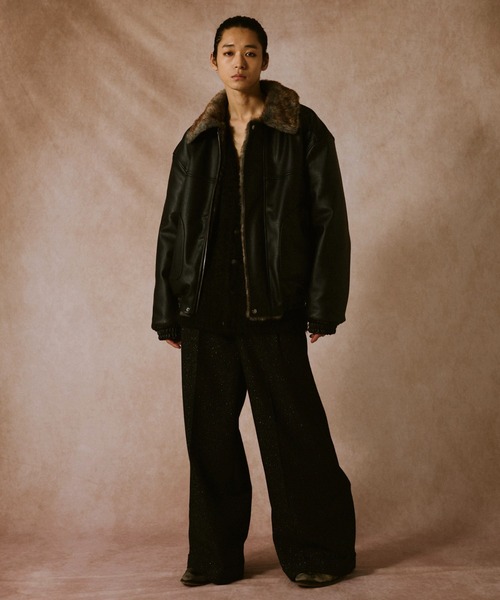 Camphor wood フェイクレザーファーリバーシブルフライトジャケット L leather/fur faux reversible flight jacket / フェイクレザー