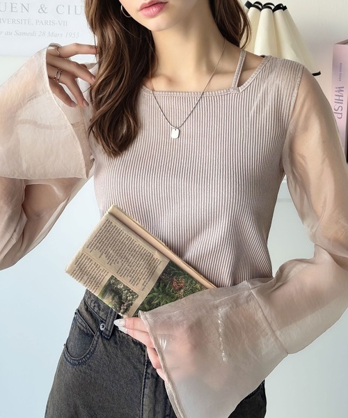 classicalelf(クラシカルエルフ)の「繊細な美しさを纏う。前後2wayオーガンジースリーブリブトップス(Tシャツ/カットソー・レディース・アイボリー/ブラック/グレイッシュベージュ・MEDIUM/SMALL/X-LARGE/LARGE)」の3枚目の写真