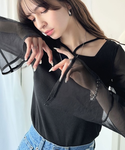 classicalelf(クラシカルエルフ)の「繊細な美しさを纏う。前後2wayオーガンジースリーブリブトップス(Tシャツ/カットソー・レディース・アイボリー/ブラック/グレイッシュベージュ・MEDIUM/SMALL/X-LARGE/LARGE)」の2枚目の写真
