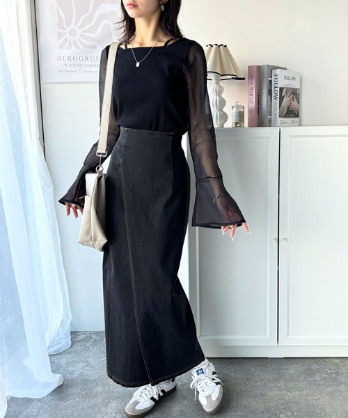 classicalelf(クラシカルエルフ)の「繊細な美しさを纏う。前後2wayオーガンジースリーブリブトップス(Tシャツ/カットソー・レディース・アイボリー/ブラック/グレイッシュベージュ・MEDIUM/SMALL/X-LARGE/LARGE)」の19枚目の写真