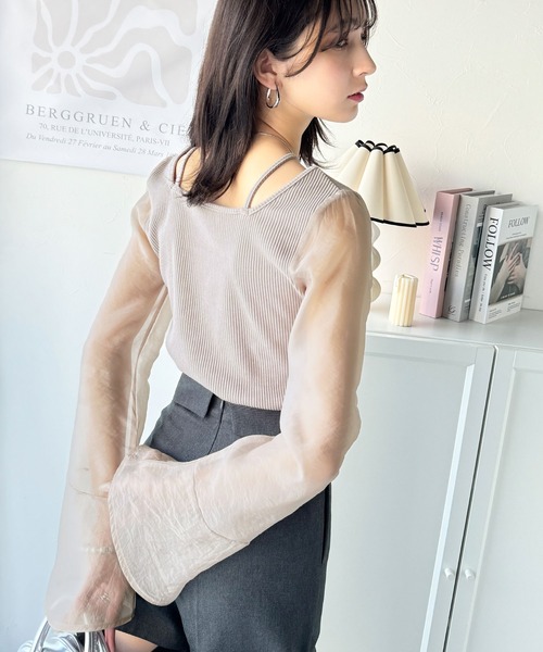 classicalelf(クラシカルエルフ)の「繊細な美しさを纏う。前後2wayオーガンジースリーブリブトップス(Tシャツ/カットソー・レディース・アイボリー/ブラック/グレイッシュベージュ・MEDIUM/SMALL/X-LARGE/LARGE)」の16枚目の写真