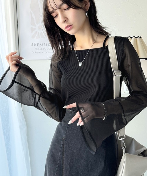 classicalelf(クラシカルエルフ)の「繊細な美しさを纏う。前後2wayオーガンジースリーブリブトップス(Tシャツ/カットソー・レディース・アイボリー/ブラック/グレイッシュベージュ・MEDIUM/SMALL/X-LARGE/LARGE)」の20枚目の写真