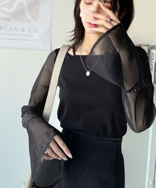 classicalelf(クラシカルエルフ)の「繊細な美しさを纏う。前後2wayオーガンジースリーブリブトップス(Tシャツ/カットソー・レディース・アイボリー/ブラック/グレイッシュベージュ・MEDIUM/SMALL/X-LARGE/LARGE)」の8枚目の写真