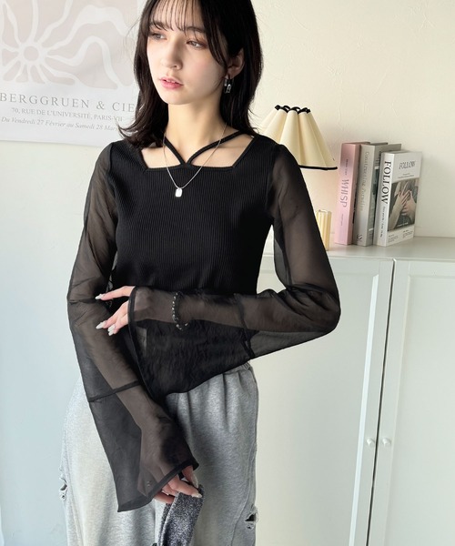 classicalelf(クラシカルエルフ)の「繊細な美しさを纏う。前後2wayオーガンジースリーブリブトップス(Tシャツ/カットソー・レディース・アイボリー/ブラック/グレイッシュベージュ・MEDIUM/SMALL/X-LARGE/LARGE)」の21枚目の写真