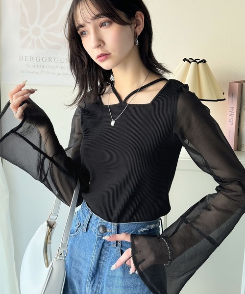 classicalelf(クラシカルエルフ)の「繊細な美しさを纏う。前後2wayオーガンジースリーブリブトップス(Tシャツ/カットソー・レディース・アイボリー/ブラック/グレイッシュベージュ・MEDIUM/SMALL/X-LARGE/LARGE)」の7枚目の写真
