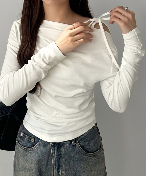 callautia（カラウティア）の「肩リボンワンショルドレープカットソー（Tシャツ/カットソー・レディース・ホワイト/チャコール/ブラック・X-LARGE/LARGE/MEDIUM/SMALL）」の5枚目の写真