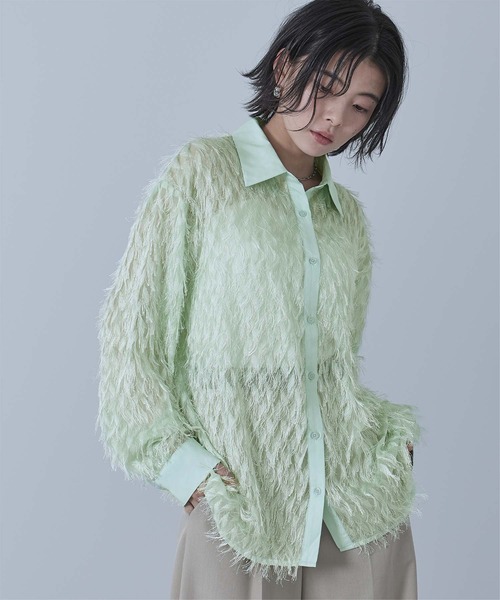miette(ミエット)の「ロングフリジシアーシャツ(シャツ/ブラウス・レディース・ブラック/アイボリー/ミント・FREE)」の1枚目の写真