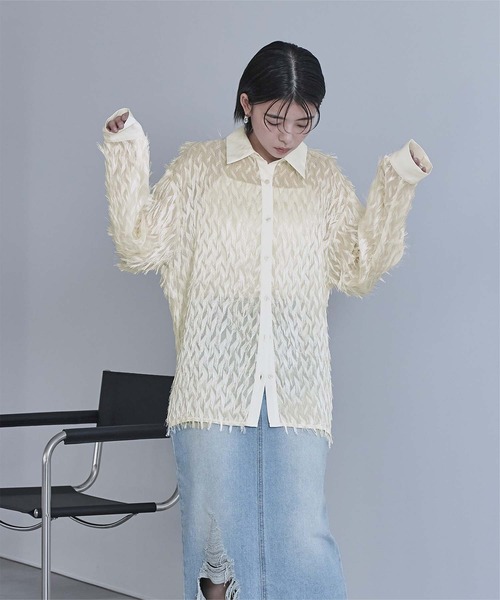 miette(ミエット)の「ロングフリジシアーシャツ(シャツ/ブラウス・レディース・ブラック/アイボリー/ミント・FREE)」の7枚目の写真
