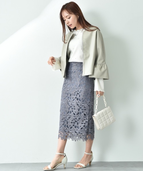 セール】フェイクレザーフリルスリーブジャケット（ノーカラー