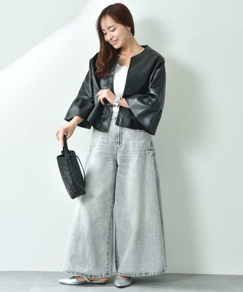 セール】フェイクレザーフリルスリーブジャケット（ノーカラー