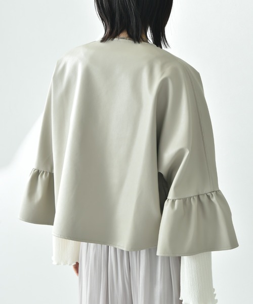 セール】フェイクレザーフリルスリーブジャケット（ノーカラー