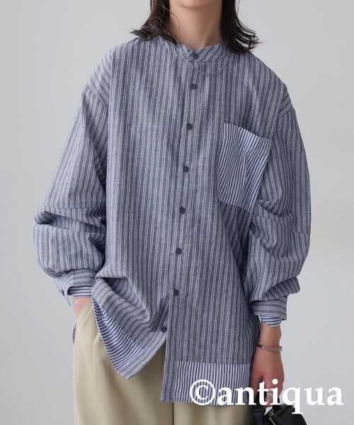 antiqua(アンティカ)の「レイヤードストライプシャツ(シャツ/ブラウス・レディース・ブルー系その他/ブラック・ONESIZE)」の2枚目の写真