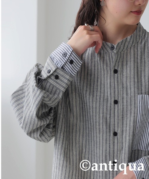 antiqua(アンティカ)の「レイヤードストライプシャツ(シャツ/ブラウス・レディース・ブルー系その他/ブラック・ONESIZE)」の1枚目の写真