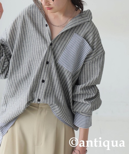 antiqua(アンティカ)の「レイヤードストライプシャツ(シャツ/ブラウス・レディース・ブルー系その他/ブラック・ONESIZE)」の4枚目の写真