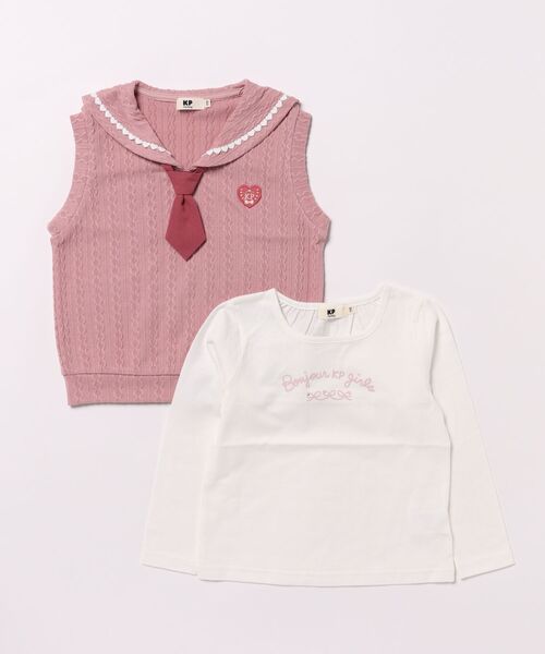 KP（ケーピー）の「ネクタイ付きセーラーベスト&長袖Tシャツ2枚セット(110～160)（Tシャツ/カットソー・キッズ・ピンク/オフホワイト・110cm/120cm/130cm/140cm）」の2枚目の写真