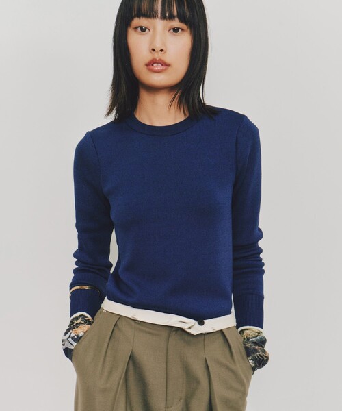 セール】【残りわずか！】スムースバイカラ‐クルーネックニット