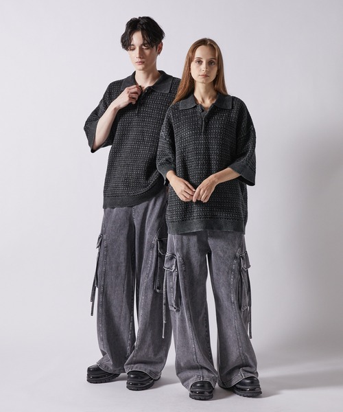 clel ヴィンテージデザイン 3Dジャガード半袖ニットポロ 早い者勝ち