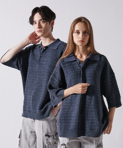 clel ヴィンテージデザイン 3Dジャガード半袖ニットポロ CLEL】Vintage Design 3D Jacquard Short Sleeve Knit Polo
