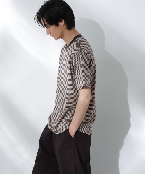 NANO universe（ナノユニバース）の「Anti Soaked(R)  汗染み防止 ボーダーミドルシルエットTシャツ（Tシャツ/カットソー・メンズ・ホワイト/ベージュ/ライトカーキ/チャコール・S/M/L）」の20枚目の写真