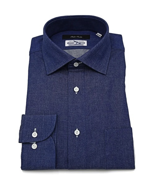 綿100％】長袖ワイシャツ セミワイド カイハラデニムシャツ リッケン