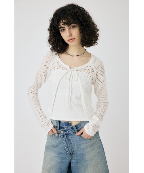 MOUSSY（マウジー）の「OPENWORK KNIT アンサンブル（カーディガン/ボレロ・レディース・ライトイエロー/ネイビー/ホワイト・FREE）」の2枚目の写真