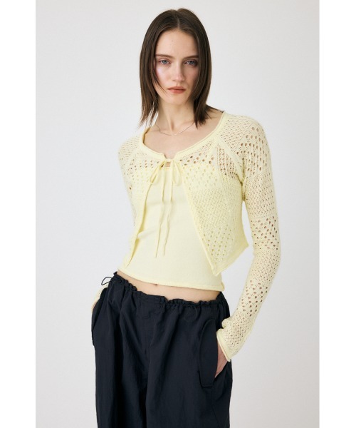 MOUSSY（マウジー）の「OPENWORK KNIT アンサンブル（カーディガン/ボレロ・レディース・ライトイエロー/ネイビー/ホワイト・FREE）」の4枚目の写真