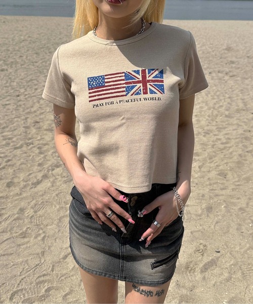 sedacle girl（セダクルガール）の「フラッグピグメントリブTシャツ（Tシャツ/カットソー・レディース・ベージュ/カーキ/チャコールグレー・SMALL/MEDIUM）」の3枚目の写真