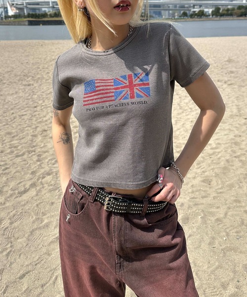 sedacle girl（セダクルガール）の「フラッグピグメントリブTシャツ（Tシャツ/カットソー・レディース・ベージュ/カーキ/チャコールグレー・SMALL/MEDIUM）」の2枚目の写真