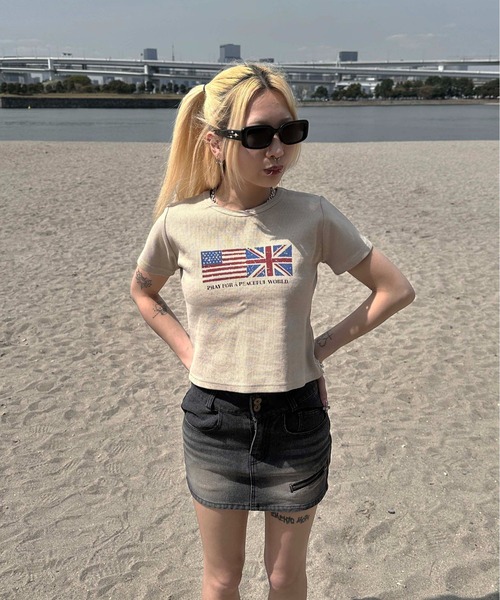 sedacle girl（セダクルガール）の「フラッグピグメントリブTシャツ（Tシャツ/カットソー・レディース・ベージュ/カーキ/チャコールグレー・SMALL/MEDIUM）」の21枚目の写真