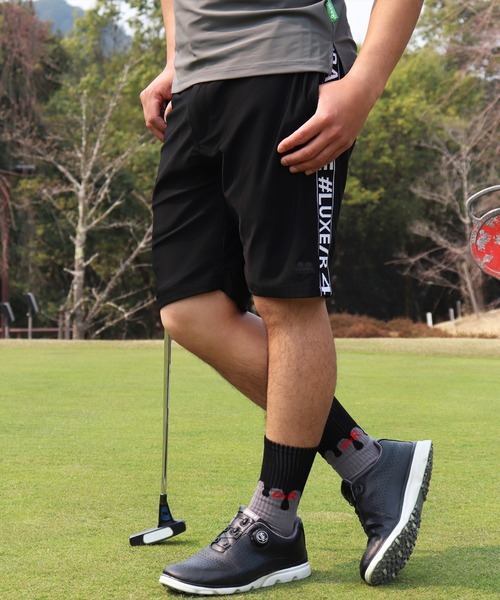 LUXE/R GOLF（ラグジュ ゴルフ）の「(RM)【LUXE/R GOLF】COOL & DRY ストレッチ スムース サイド ロゴ ジャガード ショートパンツ（スウェットパンツ・メンズ・ブラック/チャコールグレー/オフホワイト/ネイビー・XXX-LARGE/XX-LARGE/X-LARGE/LARGE/MEDIUM）」の17枚目の写真