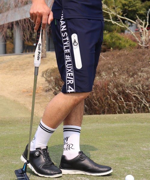 LUXE/R GOLF（ラグジュ ゴルフ）の「(RM)【LUXE/R GOLF】COOL & DRY ストレッチ スムース サイド ロゴ ジャガード ショートパンツ（スウェットパンツ・メンズ・ブラック/チャコールグレー/オフホワイト/ネイビー・XXX-LARGE/XX-LARGE/X-LARGE/LARGE/MEDIUM）」の21枚目の写真
