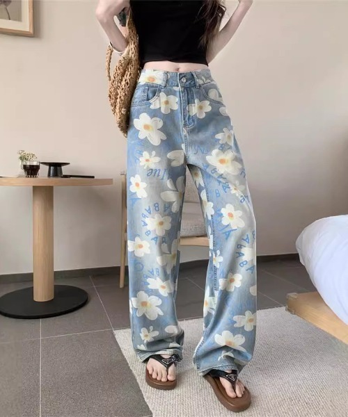 ペイントフラワーデザインデニムパンツ（デニムパンツ）｜ENLIKE