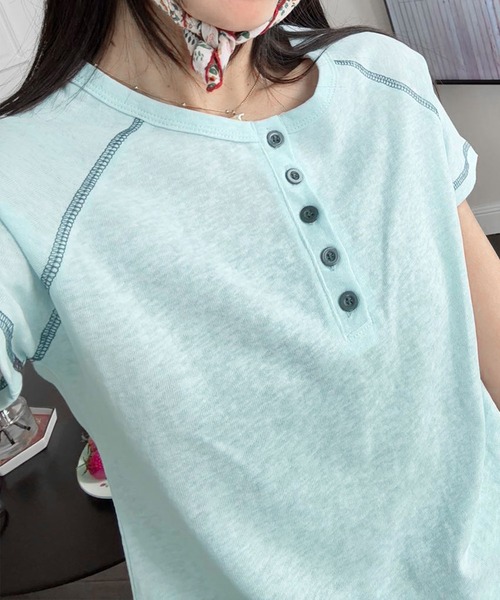 aimoha（アイモハ）の「配色ボタン付きカジュアルTシャツ (SS)（Tシャツ/カットソー・レディース・グレー/ブルー/ライトベージュ/ピンク/ホワイト/ネイビー・FREE）」の18枚目の写真