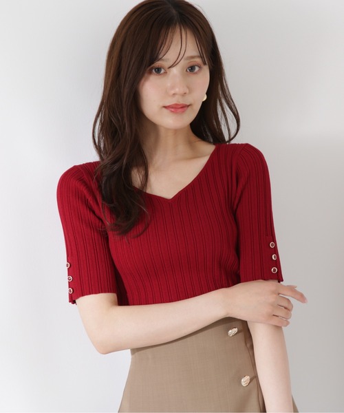 ido5319LCZ袖リブHネック伸縮RED起毛5ｘ3ｍｍSDオーダー料込 uricca セーター ニット レディース 秋 冬 黒 おしゃれ リブ